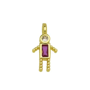 Close-up of a high-quality 18K gold plated robot pendant with purple zircon stones.