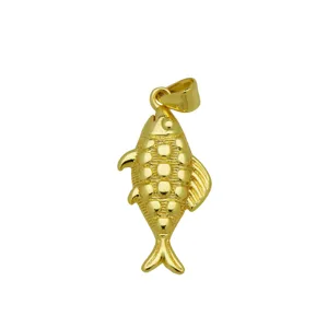 Close-up of a detailed 18K gold-plated fish pendant with textured scales and fins