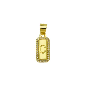 Detailed view of 18K gold plated rectangular pendant featuring a zircon border and letter C