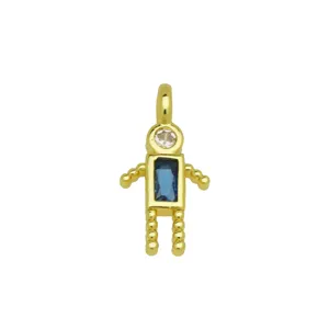 Detailed view of 18K gold plated robot pendant with blue and clear cubic zirconia