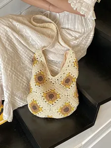 Hand Crochet Knitted Cotton Shoulder Bag For Women Sunflower Hollow Out Handwoven Beach Underarm Tote Bag Casual Travel Purse