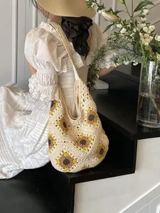 Handmade crochet sunflower tote bag crafted from soft cotton thread for a vintage look