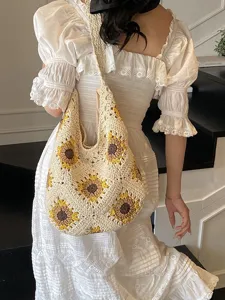 Stylish handmade sunflower crochet cotton thread shoulder bag for women's spring fashion