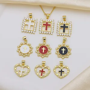 Kupfer Zirkonia Kreuz Anhänger Ohne Kette Hohl Rund Quadrat Herz Form Emaille Kruzifix Religiöser Anhänger Für Damen Schmuck