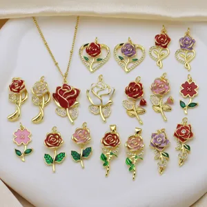 Rosenblüte Anhänger Ohne Kette Kupfer 18K Vergoldet Emaille Strass Botanisches Herz Charme Für Halsketten DIY Schmuckherstellung Damen