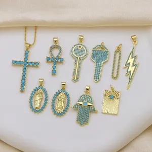 Colgante de Latón Chapado en Oro Circonia Solo Sin Cadena Cruz Ankh Llave Hamsa Ojo Turco Colgante para Mujer Joyas de Moda