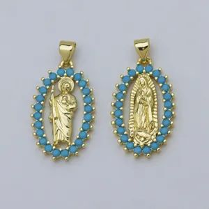 Colgantes dorados de la Virgen de Guadalupe y San Judas con cuentas turquesas