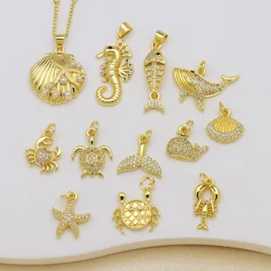 Colgante de Cobre Chapado en Oro de 18K Animal Marino Con Circonia Perla Artificial Dije Océano Caballito de Mar Cangrejo Cola de Ballena Estrella de Mar Vieira Colgante Solo Sin Cadena