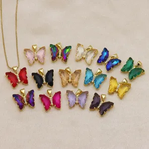 Colorful zircon butterfly pendant necklace, 18k gold plated copper charm jewelry for women