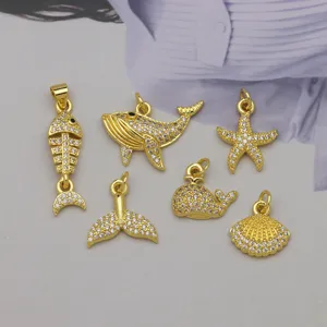 Dije colgante estilo marino de circón bañado en oro, pez ballena estrella concha.
