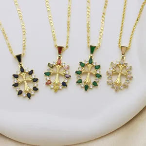collana con ciondolo a croce in zircone multicolore placcato oro 18k per donne