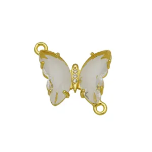 Gold-plated butterfly connector charm with white zircon for DIY necklace jewelry making.