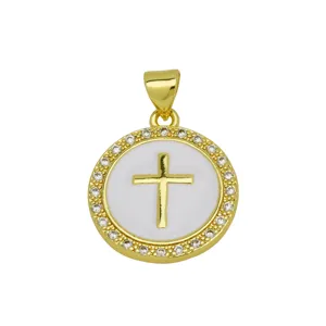 Gold-plated cross pendant detail showcasing white enamel background and sparkling crystal halo.