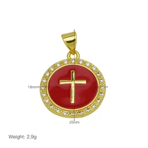 Gold plated red enamel cross pendant with rhinestones, 18x25mm, stylish necklace accessory.