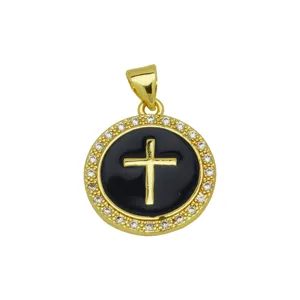 Gold-plated cross pendant with black enamel center and sparkling cubic zirconia halo details.