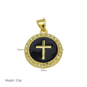 Gold-plated cross pendant featuring a black enamel round centerpiece and sparkling crystal halo.