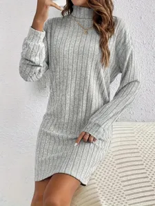 Casual solid high neck long sleeve ribbed knit dress for women autumn winter daily wear