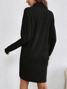 Women's Solid Black Turtleneck Ribbed Knit Long Sleeve Sweater Dress Fall Casual Fashion