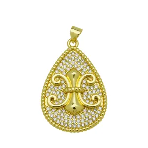 Detail view of a gold-plated teardrop pendant with zircon pave and Fleur-de-lis motif