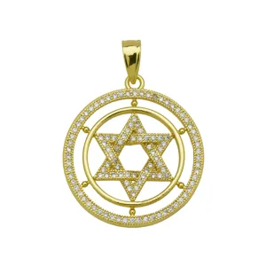 Detail of a gold-plated Star of David pendant featuring sparkling cubic zirconia stones.