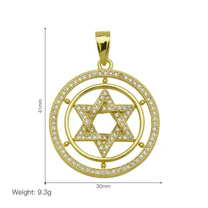 Gold-plated brass Star of David pendant with zirconia stones, 41x30mm dimensions detail