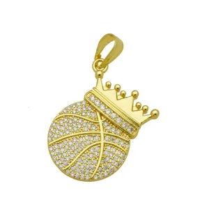 Exquisite detail of gold-plated basketball pendant featuring a crown and pavé CZ stones