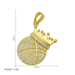 Detailed view of 18k gold plated basketball crown pendant with sparkly zircon inlay stones