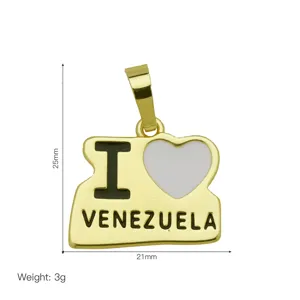 Gold metal heart pendant with Venezuela text and white enamel drop oil detail for necklace.