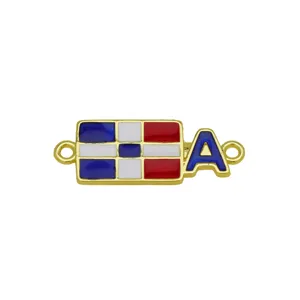 Gold-plated enamel national flag letter A charm connector for DIY bracelet jewelry making.