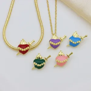 Colorful flaming heart pendant necklace set, dagger pierced heart jewelry gift for women.