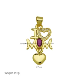 Gold MOM heart pendant necklace Mother's Day gift cubic zirconia red stone jewelry accessory