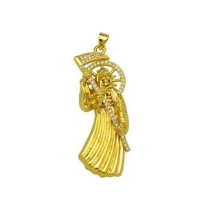 Gold Grim Reaper Pendant Necklace with Cubic Zirconia Skeleton Charm for Men Women