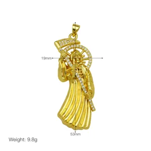Gold Plated Santa Muerte Grim Reaper Pendant Necklace with Sparkling CZ Stones Size 53mm