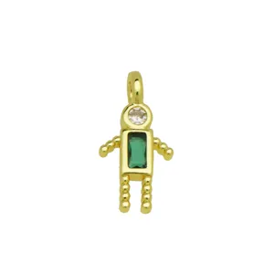 Robot shaped pendant in 18K gold-plated copper with green and white zircon crystals.