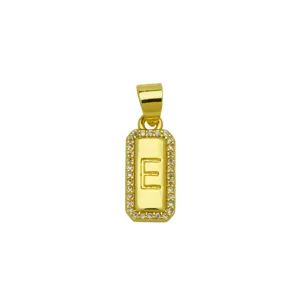 Close-up of 18K gold plated rectangular pendant with letter E and zircon border