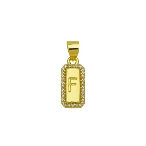 Close-up of square 18K gold plated pendant with zircon border and letter F