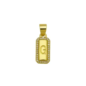 Close-up of gold-plated square pendant featuring letter G and shimmering zirconia border