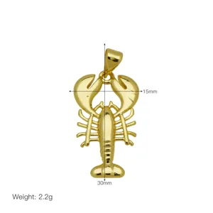 Detail of gold-plated lobster pendant showing dimensions 15x30mm and weight 2.2g