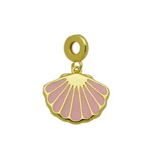 Detailed view of pink enamel and 18K gold plated shell charm pendant for jewelry making