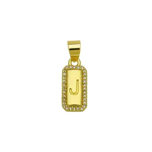 Detailed view of 18K gold plated rectangular pendant featuring letter J and CZ stones