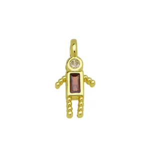 Detailed macro view of 18K gold plated robot pendant featuring brown rectangular zircon