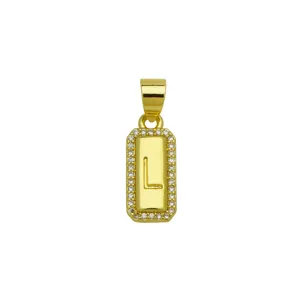 Macro view of 18K gold-plated square pendant featuring a zircon border and letter L