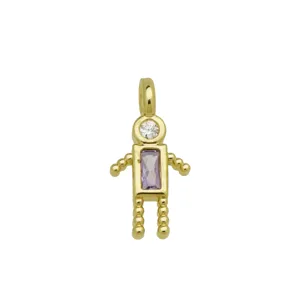Close-up of 18K gold plated boy pendant with purple and clear cubic zirconia detail