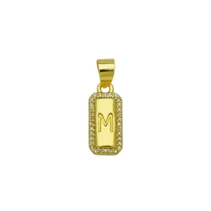 Detailed view of 18K gold plated square pendant with zircon border and letter M