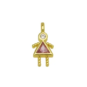 Close-up of charming girl pendant featuring pink triangle zircon and 18K gold plating.