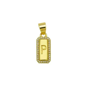 Detailed view of a gold-plated square pendant with letter P and zircon stones.