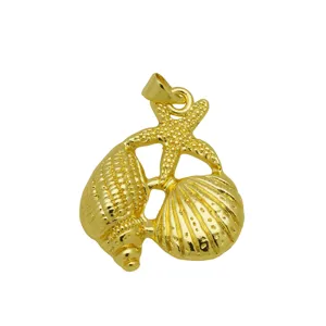 Detailed macro view of 18K gold plated copper ocean pendant featuring starfish and conch.