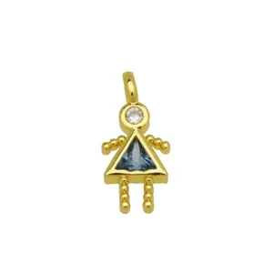 High-definition macro detail of 18K gold plated girl shaped pendant with blue triangle zircon