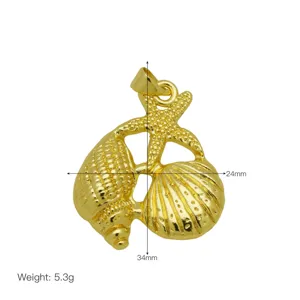 Detailed view of 18K gold plated starfish and seashell pendant with measurements