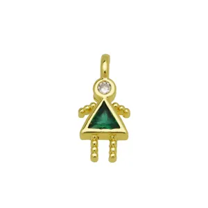 Gold plated little girl pendant with green triangle and white round zircon stones.